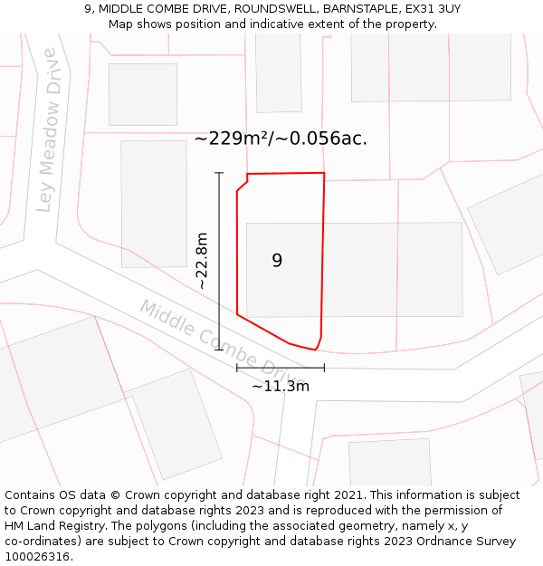 9, MIDDLE COMBE DRIVE, ROUNDSWELL, BARNSTAPLE, EX31 3UY: Plot and title map