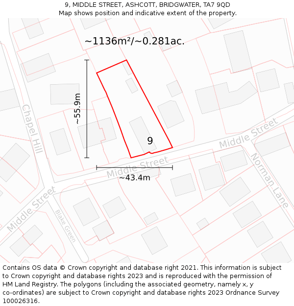 9, MIDDLE STREET, ASHCOTT, BRIDGWATER, TA7 9QD: Plot and title map