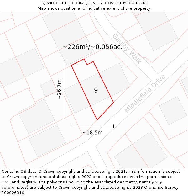 9, MIDDLEFIELD DRIVE, BINLEY, COVENTRY, CV3 2UZ: Plot and title map