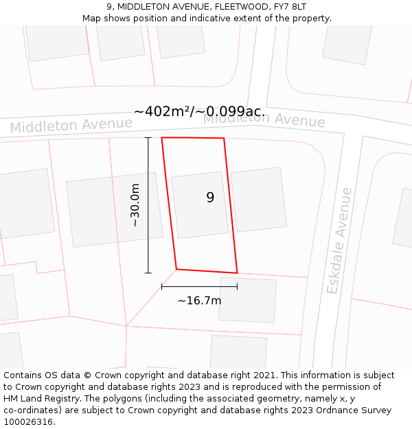 9, MIDDLETON AVENUE, FLEETWOOD, FY7 8LT: Plot and title map