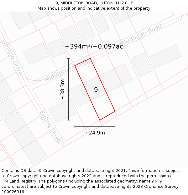 9, MIDDLETON ROAD, LUTON, LU2 8HY: Plot and title map