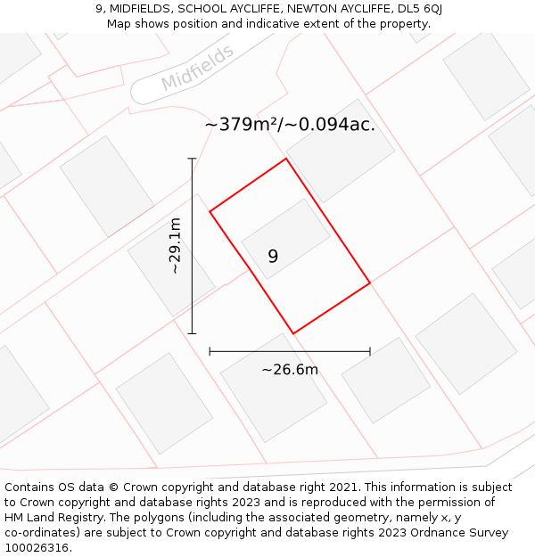 9, MIDFIELDS, SCHOOL AYCLIFFE, NEWTON AYCLIFFE, DL5 6QJ: Plot and title map