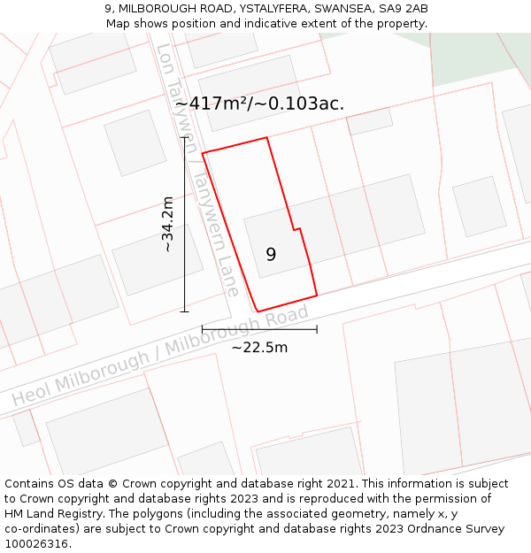 9, MILBOROUGH ROAD, YSTALYFERA, SWANSEA, SA9 2AB: Plot and title map