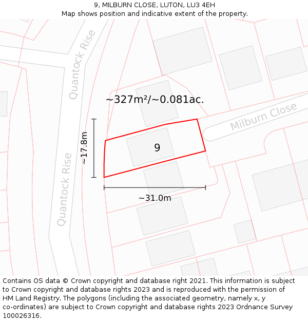 9, MILBURN CLOSE, LUTON, LU3 4EH: Plot and title map