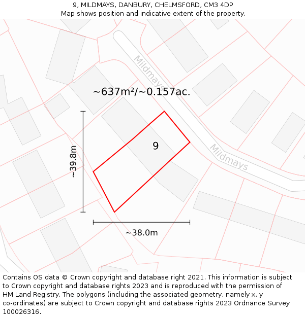 9, MILDMAYS, DANBURY, CHELMSFORD, CM3 4DP: Plot and title map