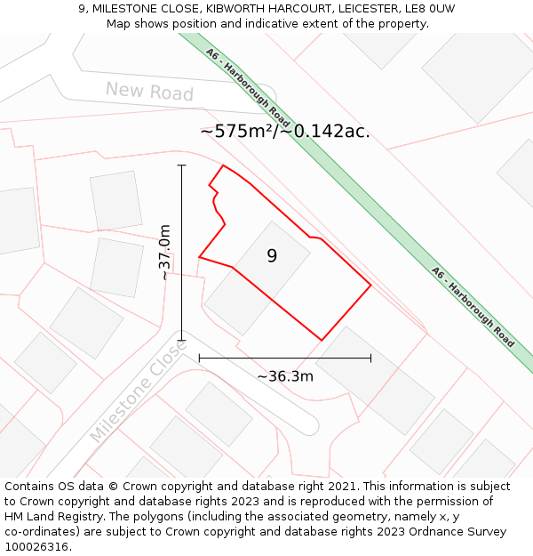 9, MILESTONE CLOSE, KIBWORTH HARCOURT, LEICESTER, LE8 0UW: Plot and title map