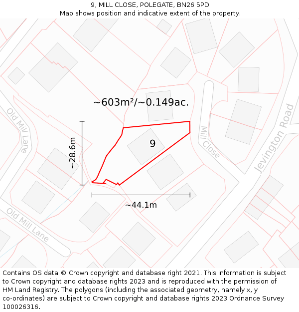 9, MILL CLOSE, POLEGATE, BN26 5PD: Plot and title map