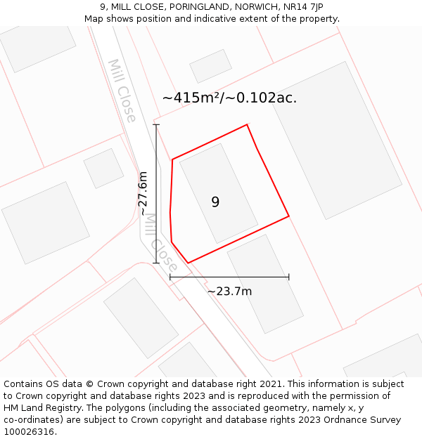 9, MILL CLOSE, PORINGLAND, NORWICH, NR14 7JP: Plot and title map