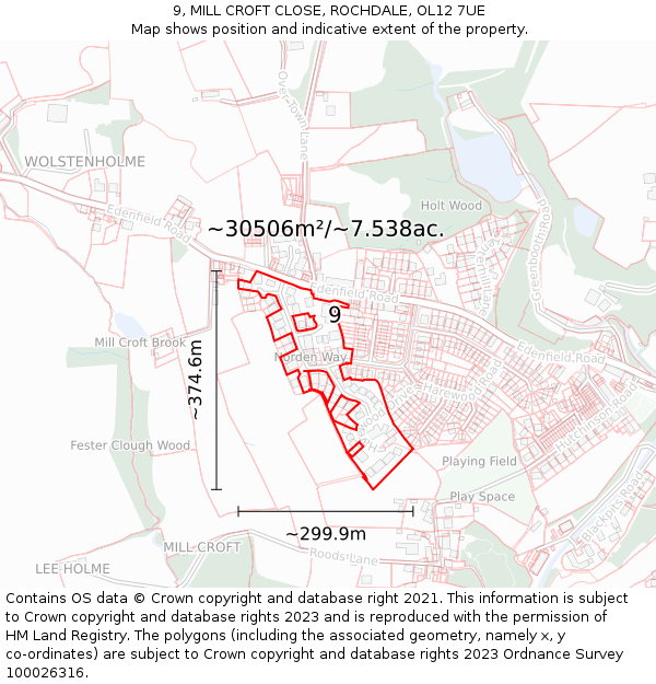 9, MILL CROFT CLOSE, ROCHDALE, OL12 7UE: Plot and title map