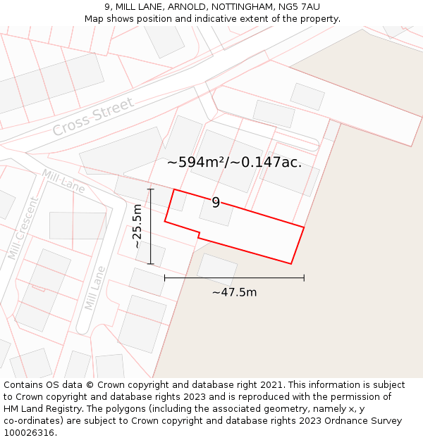 9, MILL LANE, ARNOLD, NOTTINGHAM, NG5 7AU: Plot and title map