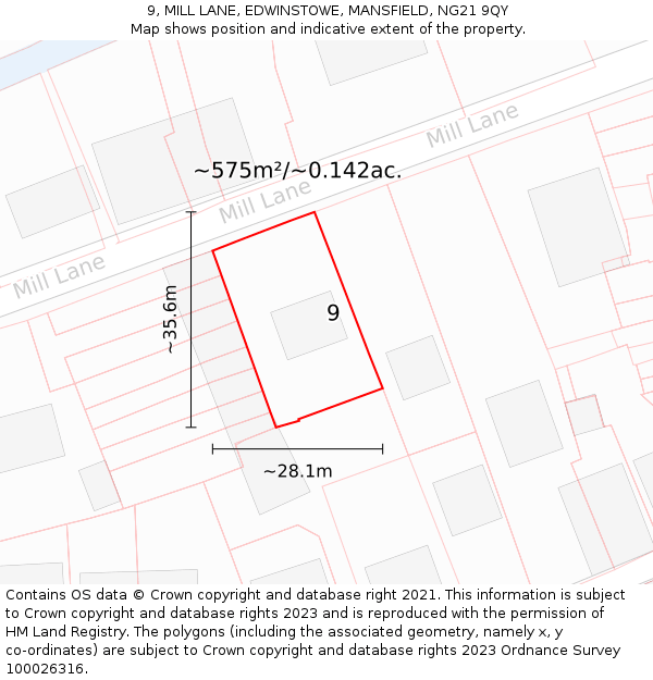 9, MILL LANE, EDWINSTOWE, MANSFIELD, NG21 9QY: Plot and title map