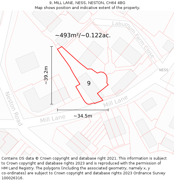 9, MILL LANE, NESS, NESTON, CH64 4BG: Plot and title map