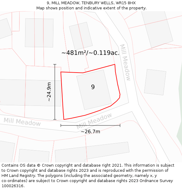 9, MILL MEADOW, TENBURY WELLS, WR15 8HX: Plot and title map