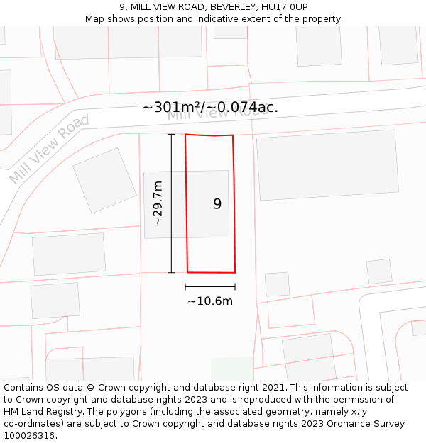 9, MILL VIEW ROAD, BEVERLEY, HU17 0UP: Plot and title map