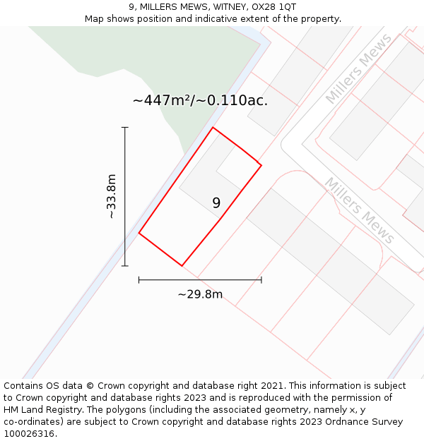 9, MILLERS MEWS, WITNEY, OX28 1QT: Plot and title map