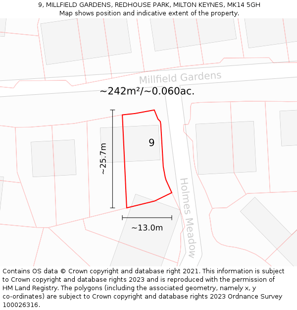 9, MILLFIELD GARDENS, REDHOUSE PARK, MILTON KEYNES, MK14 5GH: Plot and title map