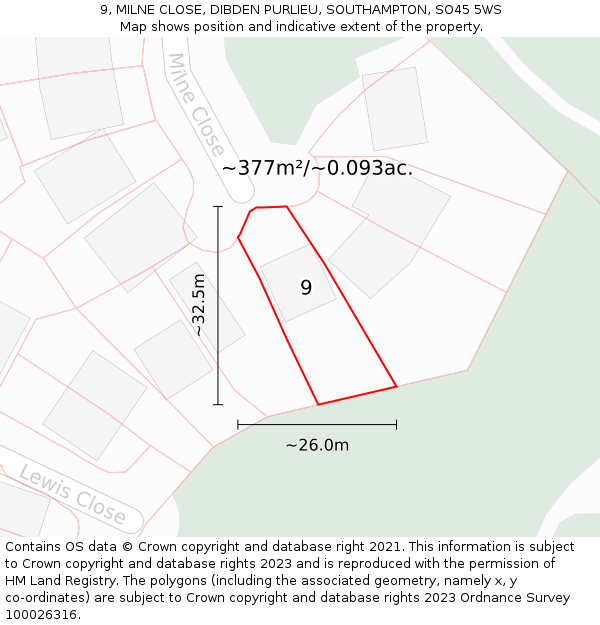 9, MILNE CLOSE, DIBDEN PURLIEU, SOUTHAMPTON, SO45 5WS: Plot and title map