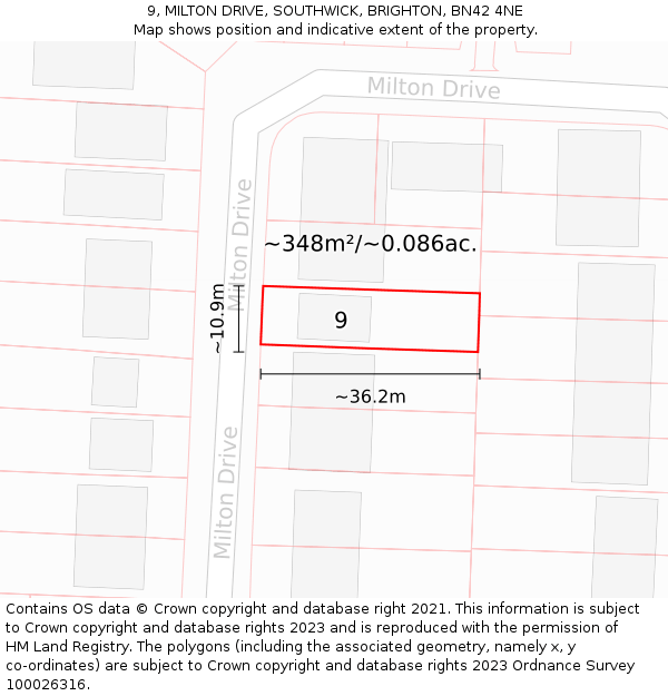 9, MILTON DRIVE, SOUTHWICK, BRIGHTON, BN42 4NE: Plot and title map