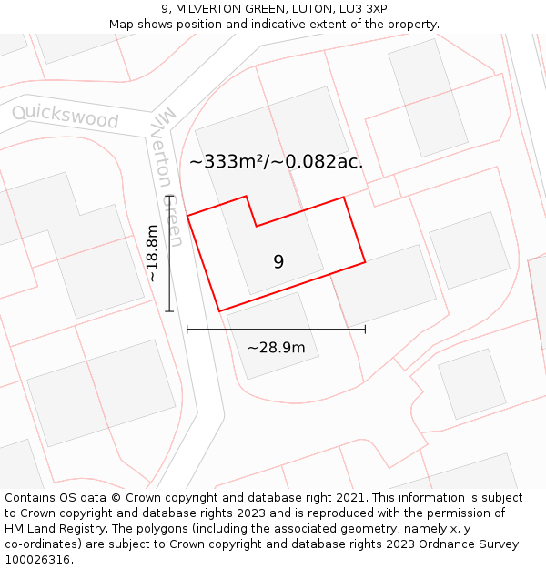 9, MILVERTON GREEN, LUTON, LU3 3XP: Plot and title map