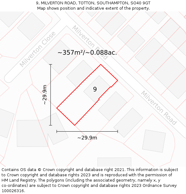 9, MILVERTON ROAD, TOTTON, SOUTHAMPTON, SO40 9GT: Plot and title map