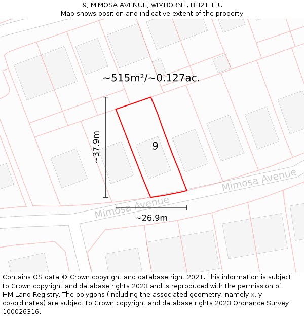 9, MIMOSA AVENUE, WIMBORNE, BH21 1TU: Plot and title map