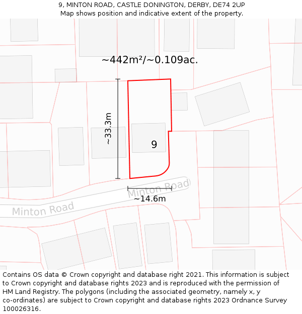 9, MINTON ROAD, CASTLE DONINGTON, DERBY, DE74 2UP: Plot and title map