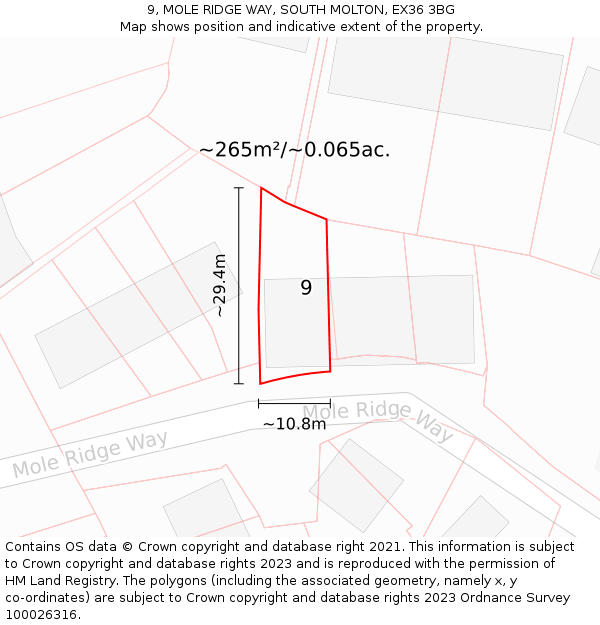 9, MOLE RIDGE WAY, SOUTH MOLTON, EX36 3BG: Plot and title map