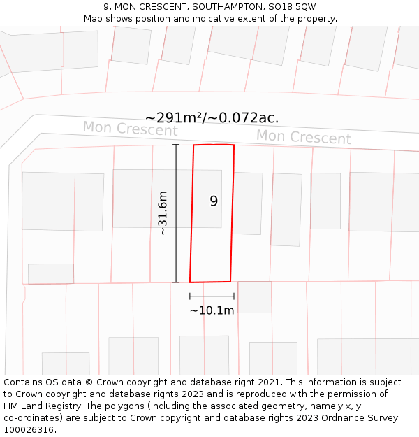 9, MON CRESCENT, SOUTHAMPTON, SO18 5QW: Plot and title map