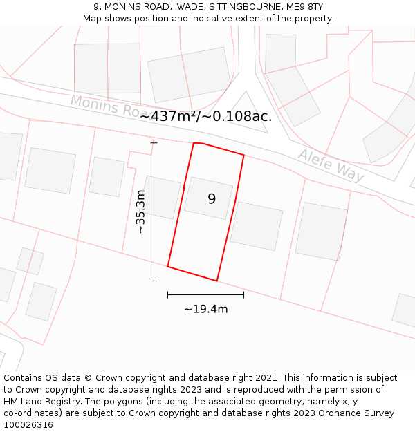 9, MONINS ROAD, IWADE, SITTINGBOURNE, ME9 8TY: Plot and title map