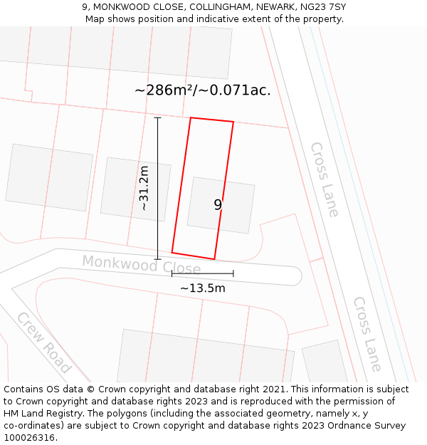 9, MONKWOOD CLOSE, COLLINGHAM, NEWARK, NG23 7SY: Plot and title map