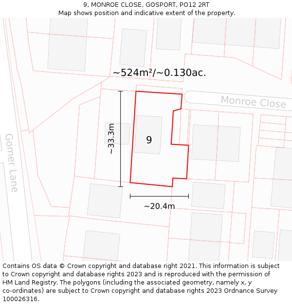 9, MONROE CLOSE, GOSPORT, PO12 2RT: Plot and title map