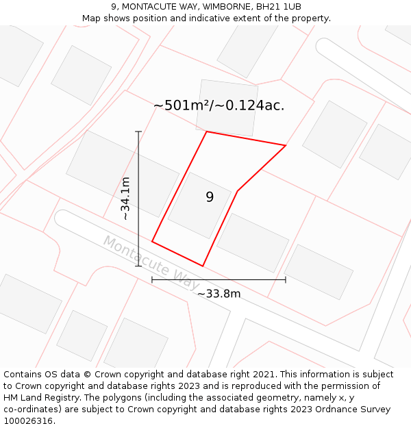 9, MONTACUTE WAY, WIMBORNE, BH21 1UB: Plot and title map