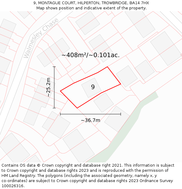9, MONTAGUE COURT, HILPERTON, TROWBRIDGE, BA14 7HX: Plot and title map