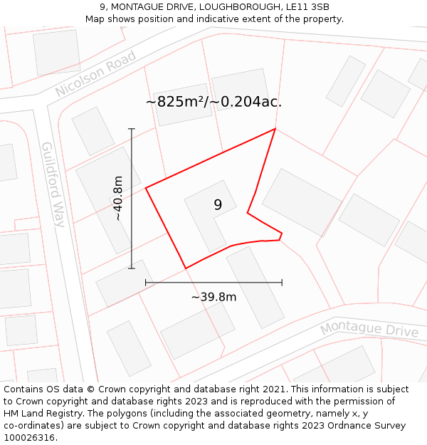 9, MONTAGUE DRIVE, LOUGHBOROUGH, LE11 3SB: Plot and title map
