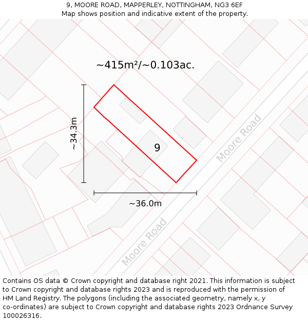 9, MOORE ROAD, MAPPERLEY, NOTTINGHAM, NG3 6EF: Plot and title map