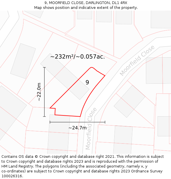 9, MOORFIELD CLOSE, DARLINGTON, DL1 4RX: Plot and title map