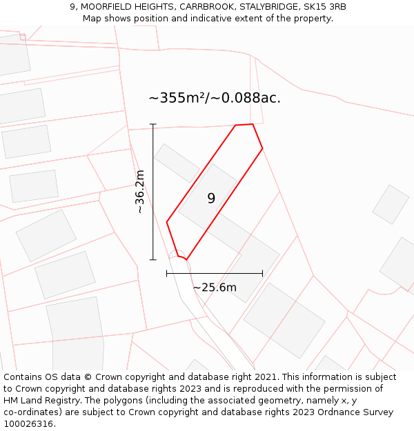 9, MOORFIELD HEIGHTS, CARRBROOK, STALYBRIDGE, SK15 3RB: Plot and title map