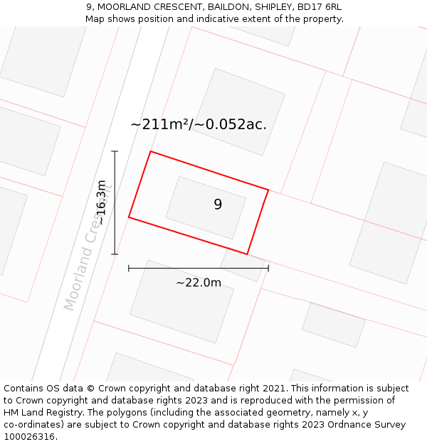 9, MOORLAND CRESCENT, BAILDON, SHIPLEY, BD17 6RL: Plot and title map