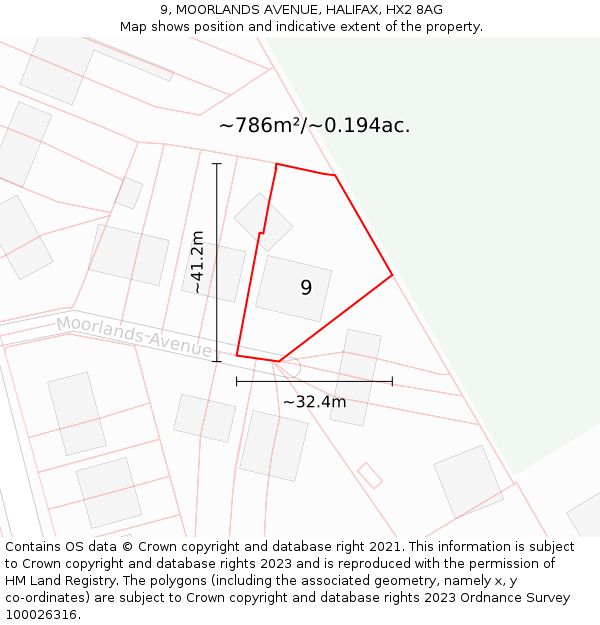 9, MOORLANDS AVENUE, HALIFAX, HX2 8AG: Plot and title map