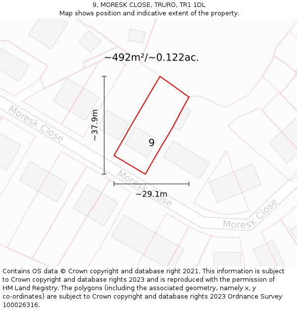 9, MORESK CLOSE, TRURO, TR1 1DL: Plot and title map