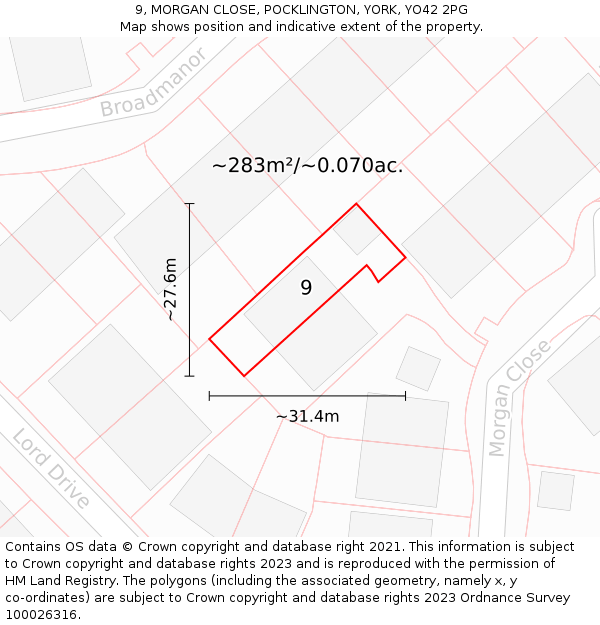 9, MORGAN CLOSE, POCKLINGTON, YORK, YO42 2PG: Plot and title map