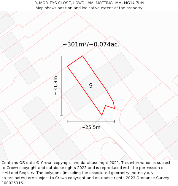 9, MORLEYS CLOSE, LOWDHAM, NOTTINGHAM, NG14 7HN: Plot and title map