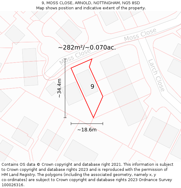 9, MOSS CLOSE, ARNOLD, NOTTINGHAM, NG5 8SD: Plot and title map