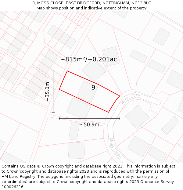 9, MOSS CLOSE, EAST BRIDGFORD, NOTTINGHAM, NG13 8LG: Plot and title map