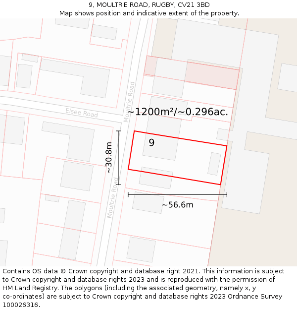 9, MOULTRIE ROAD, RUGBY, CV21 3BD: Plot and title map