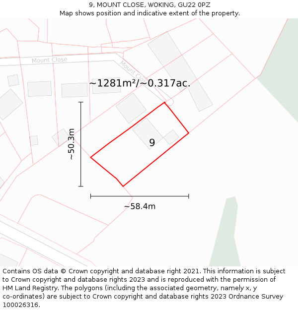 9, MOUNT CLOSE, WOKING, GU22 0PZ: Plot and title map