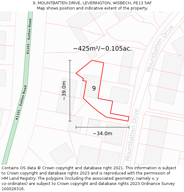 9, MOUNTBATTEN DRIVE, LEVERINGTON, WISBECH, PE13 5AF: Plot and title map