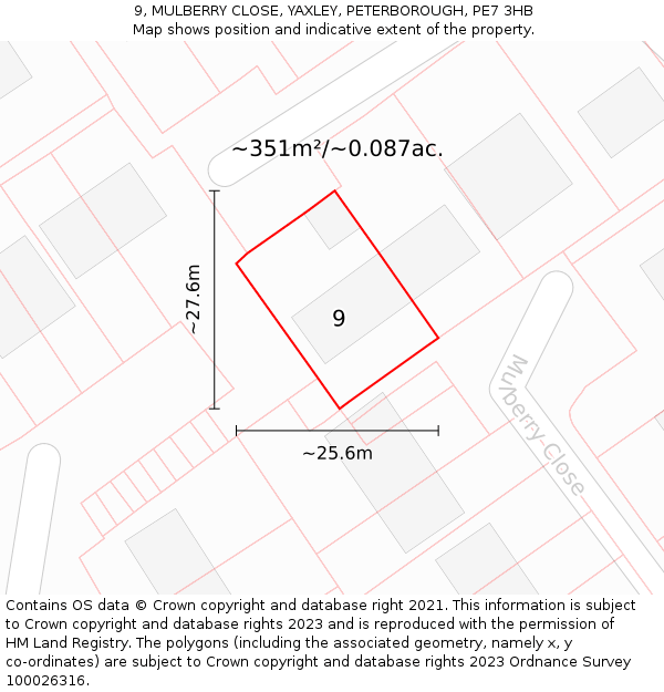 9, MULBERRY CLOSE, YAXLEY, PETERBOROUGH, PE7 3HB: Plot and title map