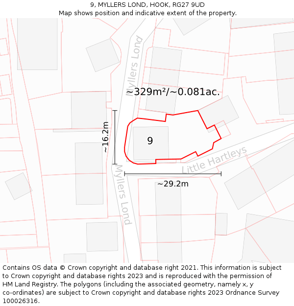 9, MYLLERS LOND, HOOK, RG27 9UD: Plot and title map