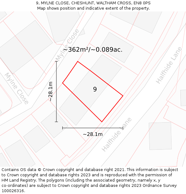 9, MYLNE CLOSE, CHESHUNT, WALTHAM CROSS, EN8 0PS: Plot and title map